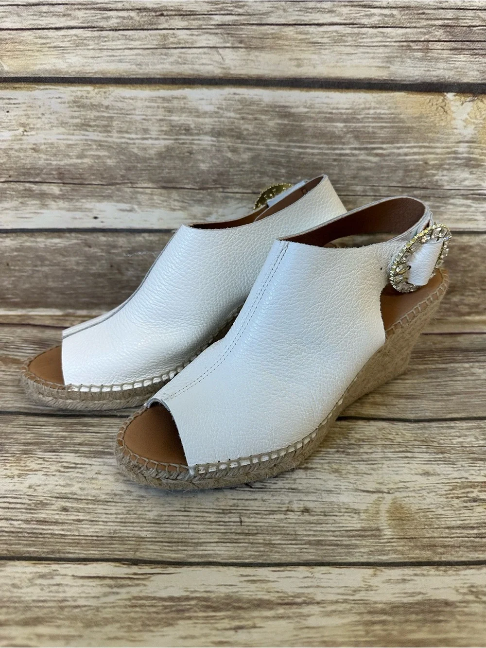 Maypol Nemi Leather Sz 8 Rhinestone Buckle Espadrille Wedge Sandals Shoes